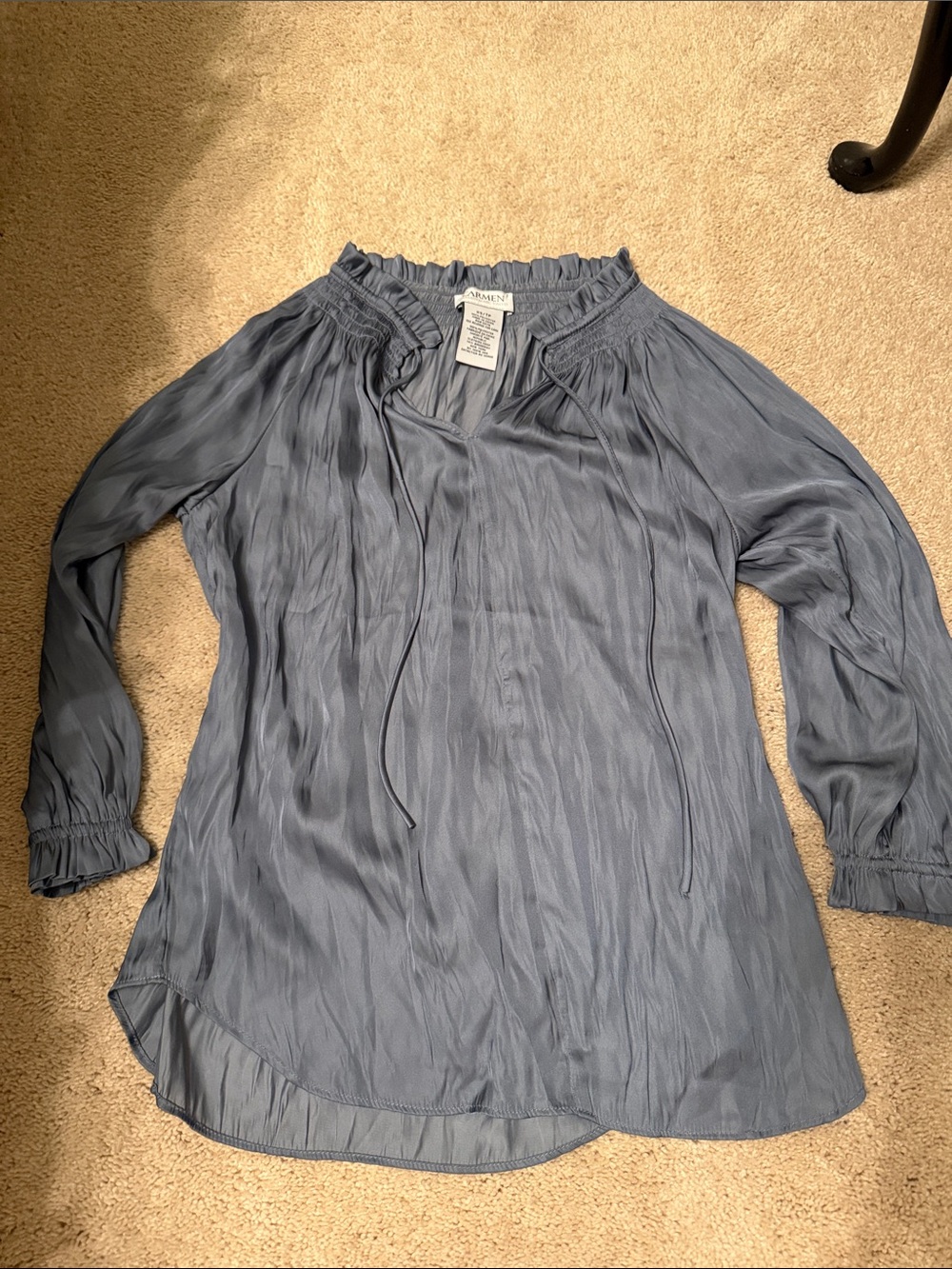Carmen Marc Valvo Dusty Blue Smocked Ruffle Tunic Blouse